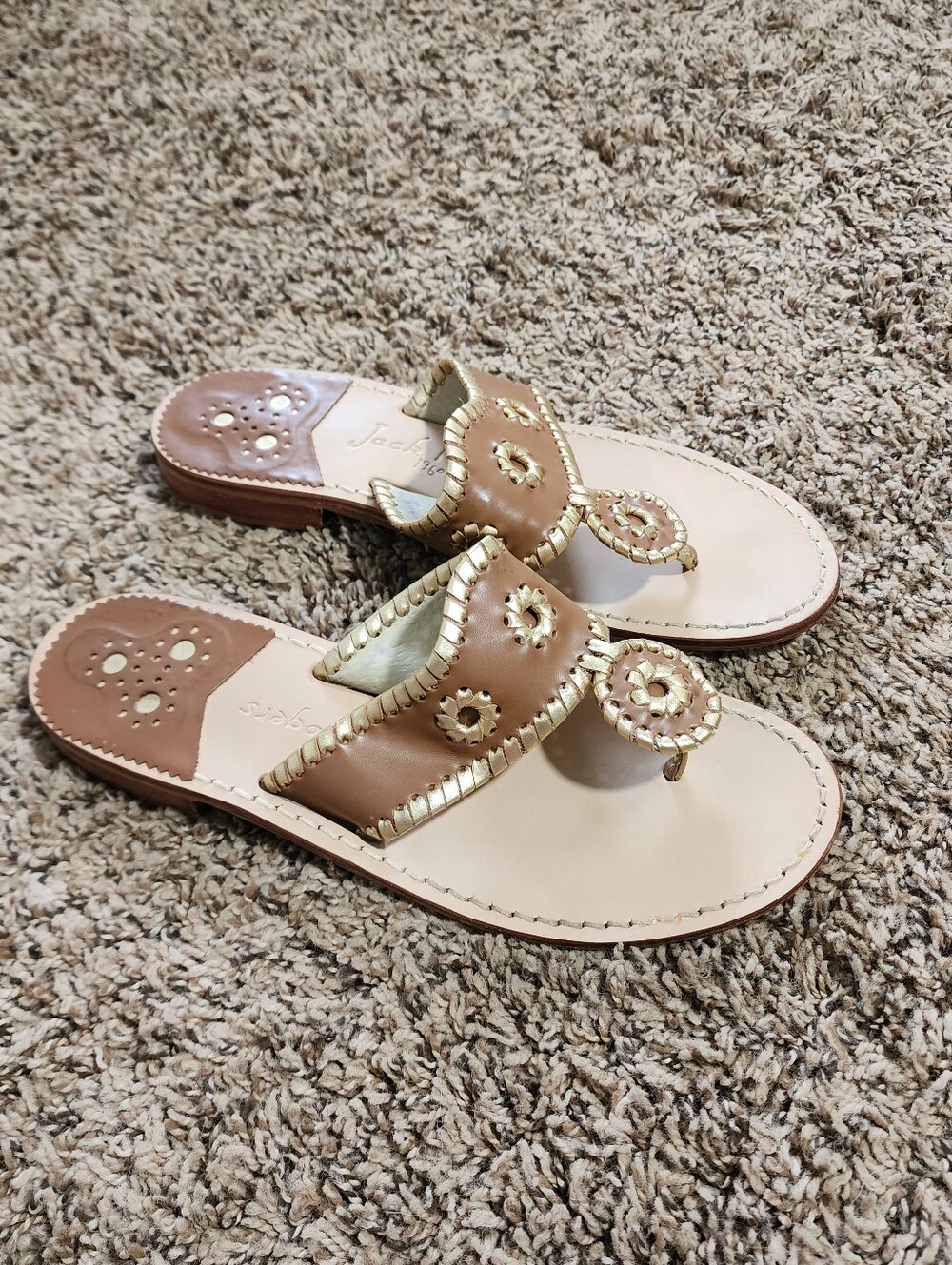 Jack Rogers Bohemian Leather Brown Gold Flat Sandals 8.5